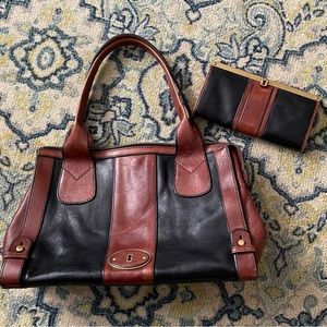 Fossil Black & Brown Vintage Reissue Matching Bag Purse and Wallet